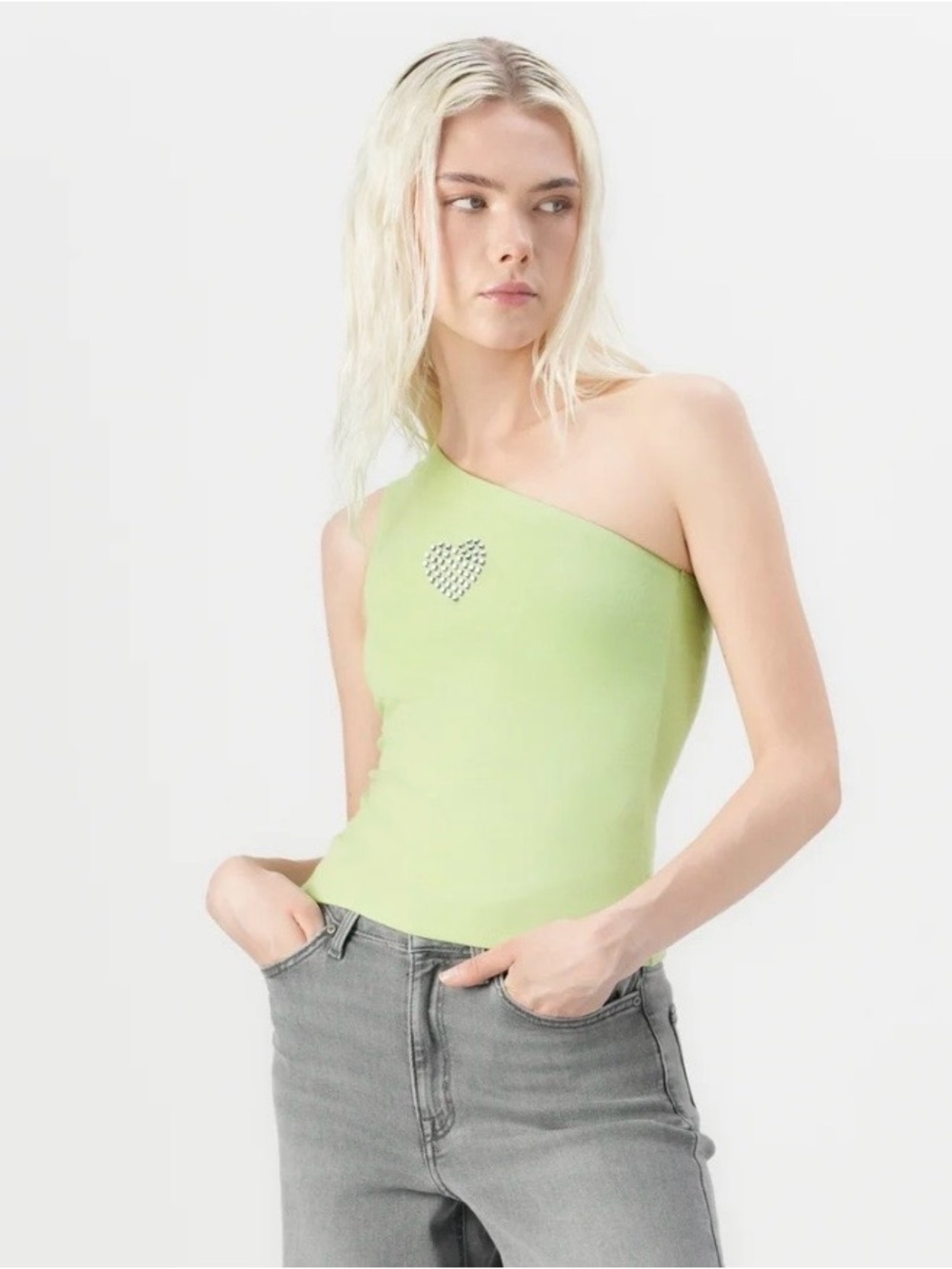 Hollister One-Shoulder Lime Green Camisole with Rhinestone Heart